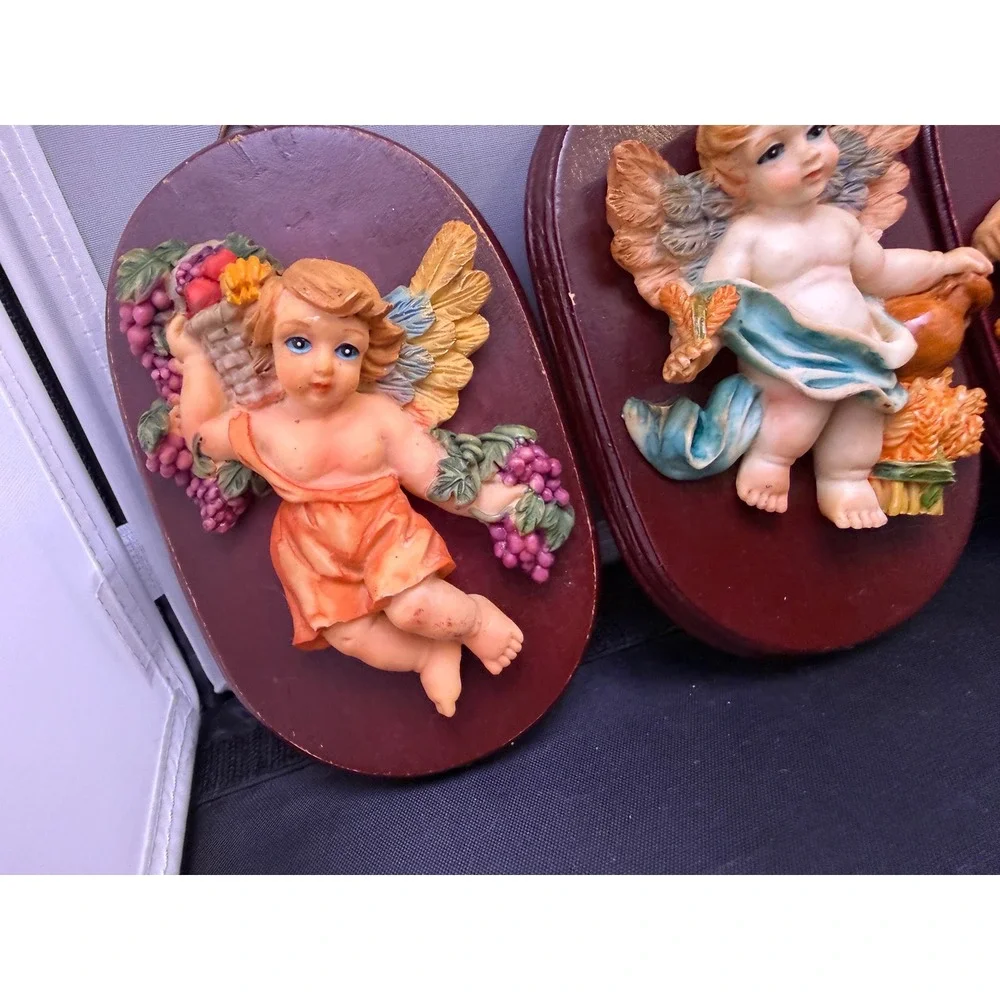 Vintage Cherub Angel Wall Plaques Set of 5 3D Relief Wood Base‎ Burgundy Decor